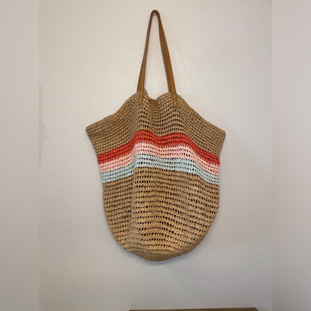 Hearth & Hand with Magnolia Women’s Stylish Tan Multicolor Woven‎ Tote Large Bag - Picture 2 of 9